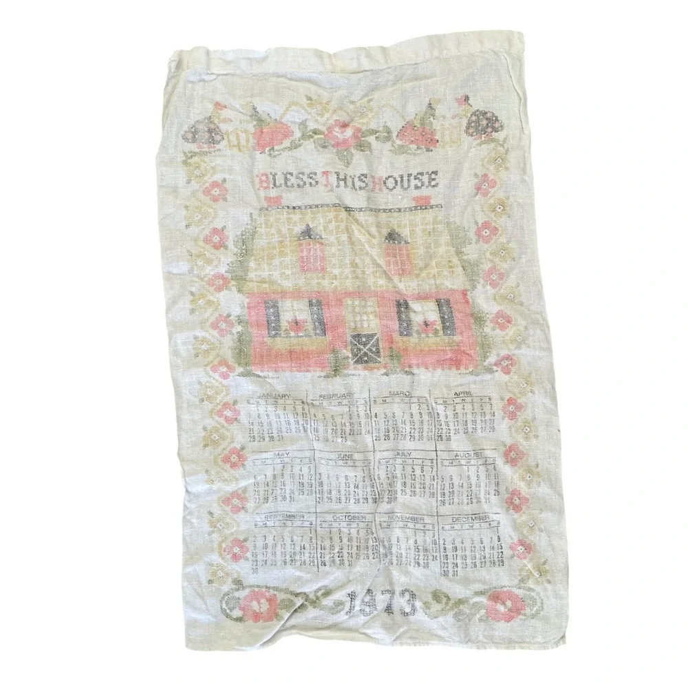 Vintage 1973 Calendar Linen Tea Towel BLESS THIS‎ HOUSE Distressed Trees Flowers